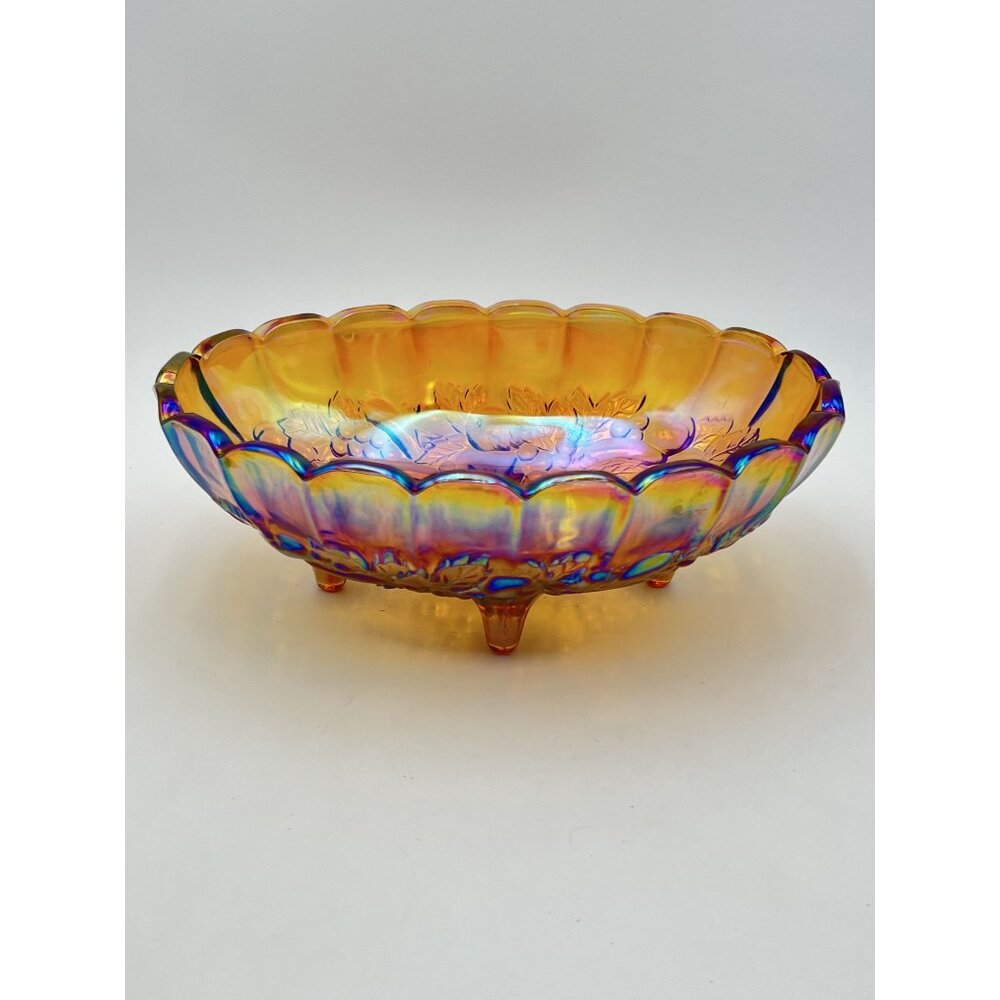 Carnival Glass Footed Bowl With Iridescent Orange & Purple Floral Design